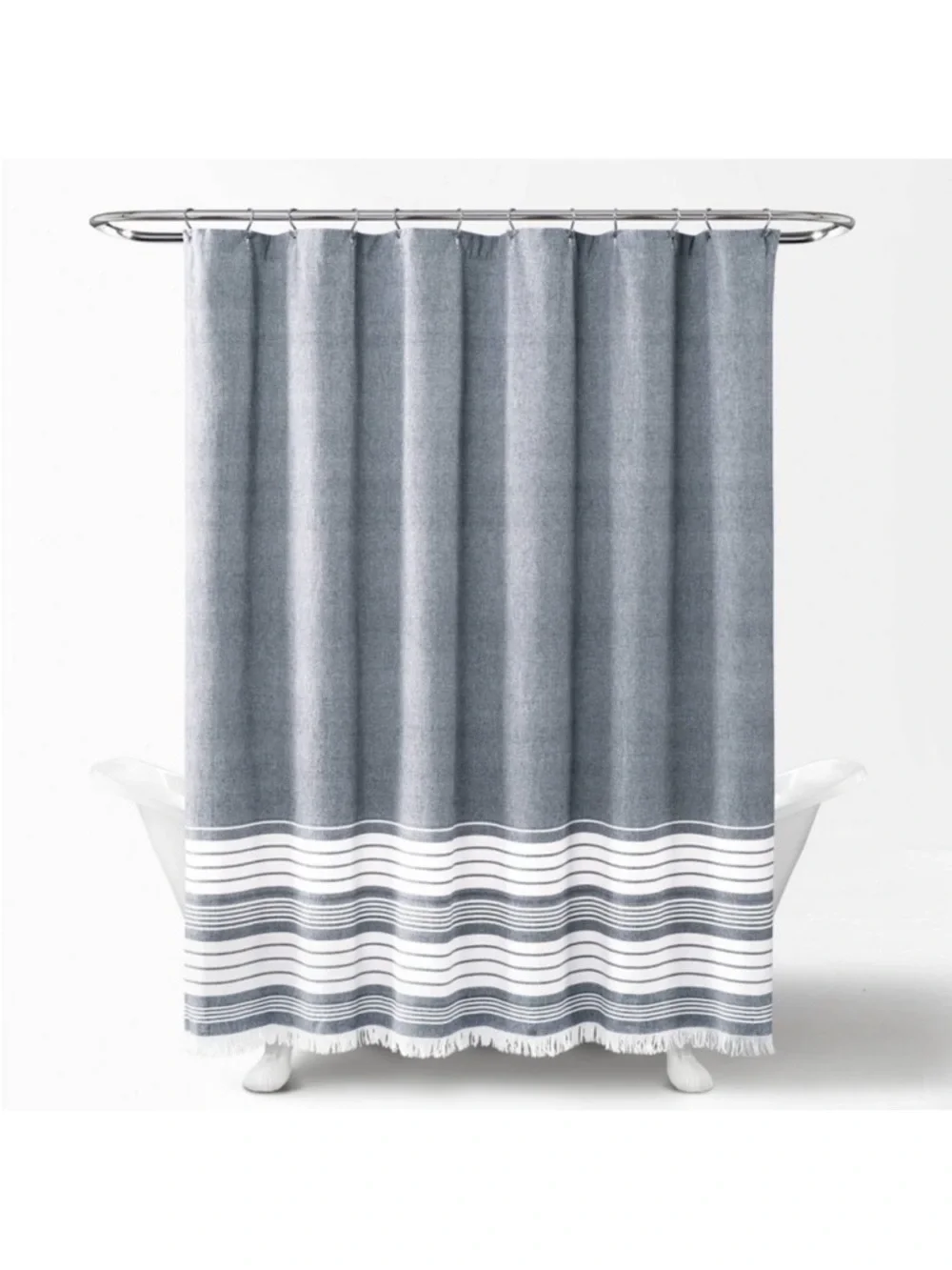 Nantucket Navy/ White Striped Shower Curtain with Fringe - 72” x 72”